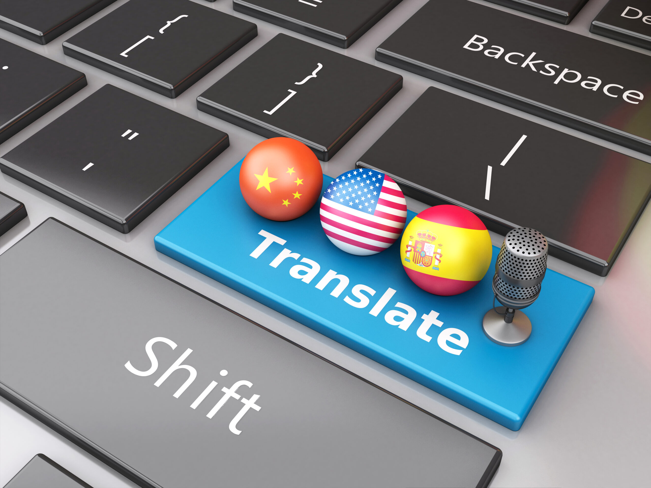 3d renderer image. Translate foreign languages on computer keyboard. Education and translation concept.