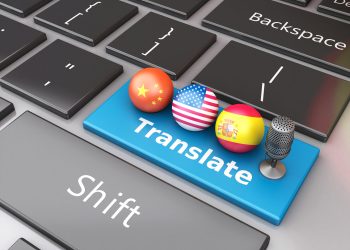 3d renderer image. Translate foreign languages on computer keyboard. Education and translation concept.